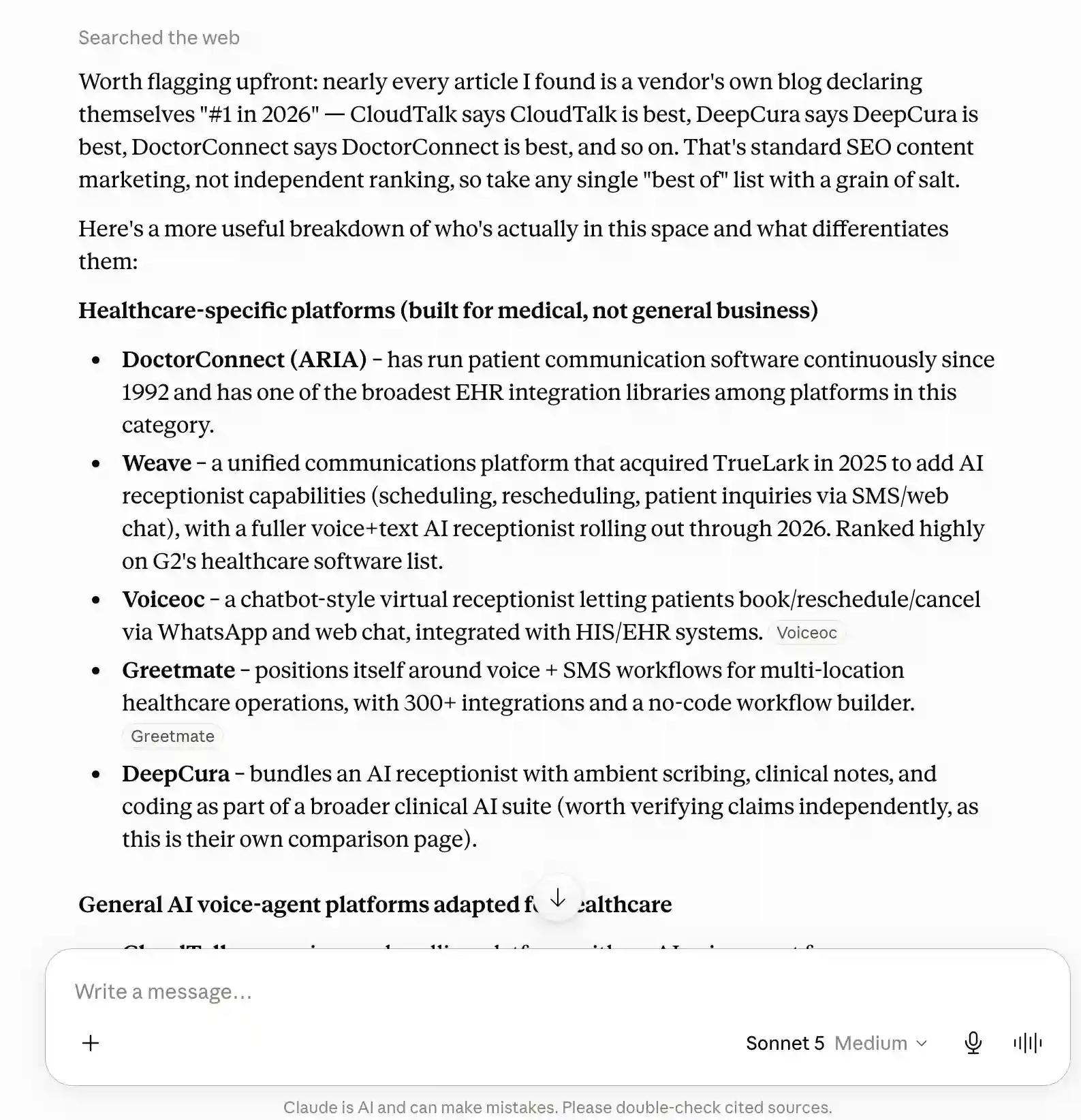 Claude answer warning that most AI receptionist best-of articles are vendor-owned before listing healthcare-specific platforms.